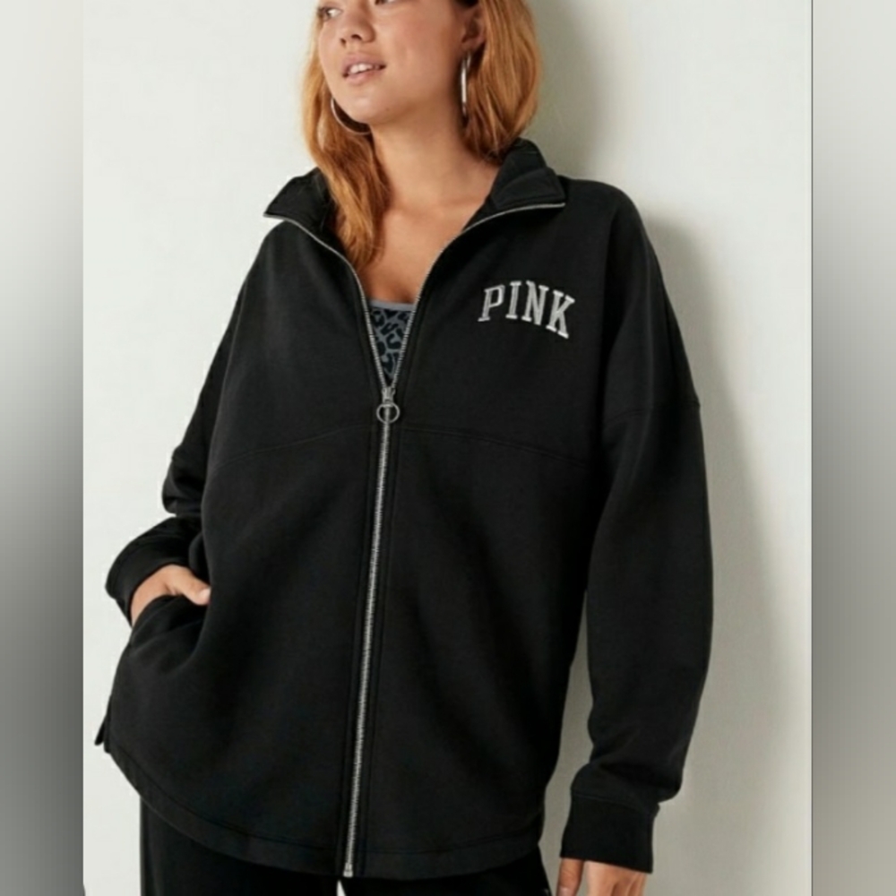 XS Size VS Victoria's Secret Black Zip Up Fleece Top Sweatshirt Comfy Warm